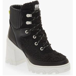 NEW Sorel Size 10 Brex Leather & Faux Shearling Block Heel Lace-Up Bootie, Black